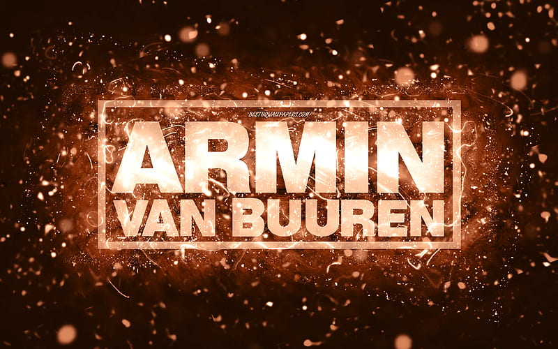 Armin van Buuren brown logo, dutch DJs, brown neon lights, creative, brown abstract background, Armin van Buuren logo, music stars, Armin van Buuren, HD wallpaper