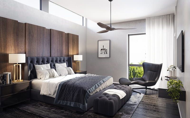 bedroom, modern interior, large bed, modern design, gray interior, wooden wall, HD wallpaper