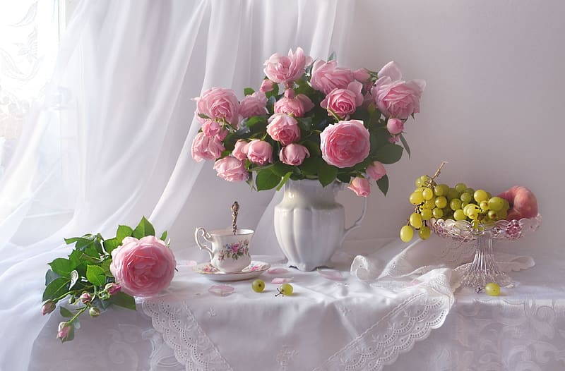 Still life with roses, Roses, Bouquet, Grapes, Napkin, HD wallpaper