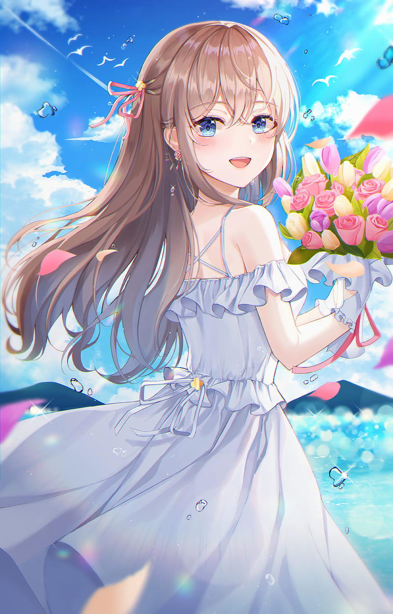 Girl, smile, bouquet, flowers, anime, art, cartoon, HD phone wallpaper |  Peakpx