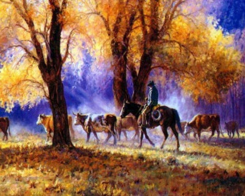 BACK HOME, back, woods, painting, home, horse, cowboy, cows, HD wallpaper