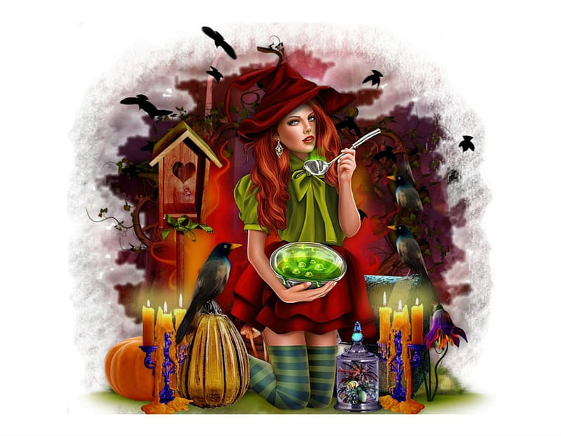 WITCHS STEW, RED, WITCH, FEMALE, GREEN, STEW, BIRDS, CANDLES, HD wallpaper