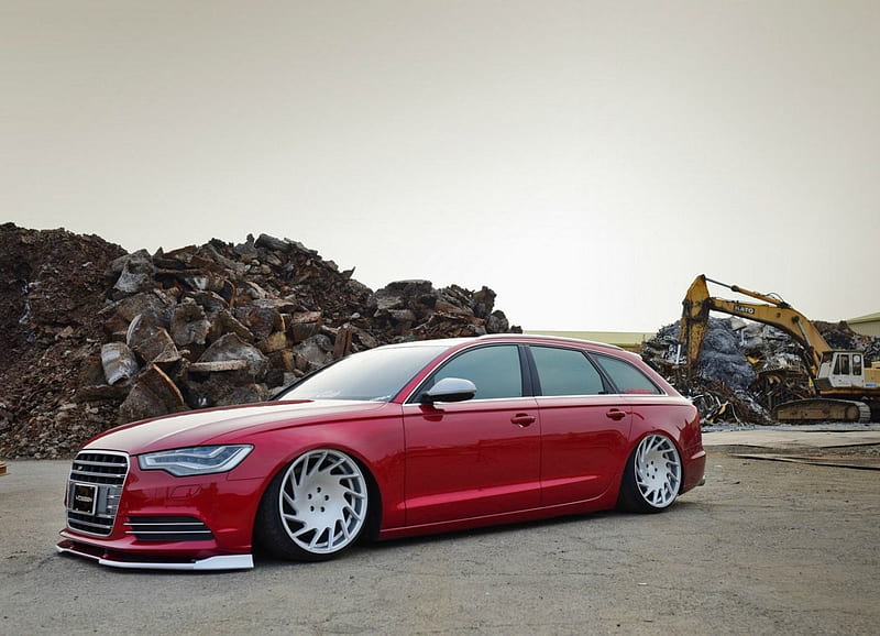 Audi-S6, Slammed, Custom Wheels, Red, Wagon, HD wallpaper