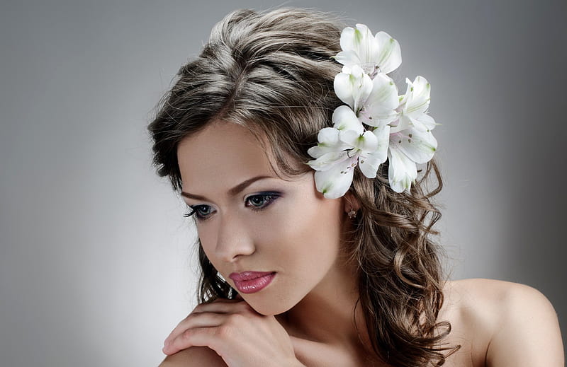 Flowers in her hair , expression, new, color, HD wallpaper