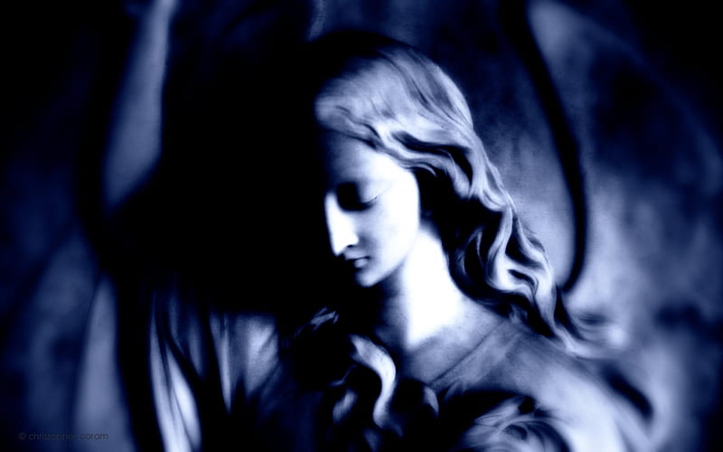 Blue Angel, death, angel, shadow, church, cold, tomb, statue, stone, gothic, blue, HD wallpaper
