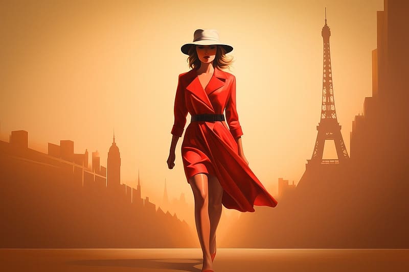 Beauty, lany, parizs, kalap, divat, piros ruha, szepseg, eiffel torony, HD wallpaper