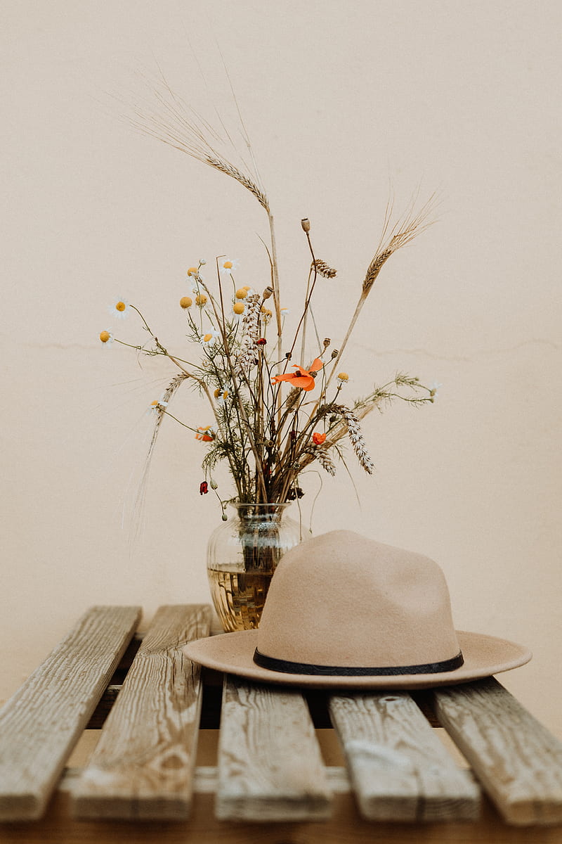 bouquet, hat, flowers, spikelets, daisies, poppies, HD phone wallpaper