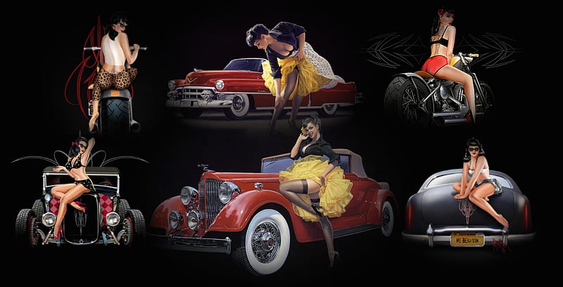 Misbehavin', carros, hot rod, motorbikes, girls, collage, rock and roll, HD wallpaper