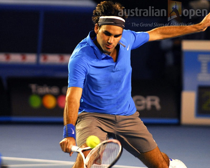 Roger Federer, playing, yellow ball, blue t-shirt, male, tennis player, raquet, brown pant, HD wallpaper