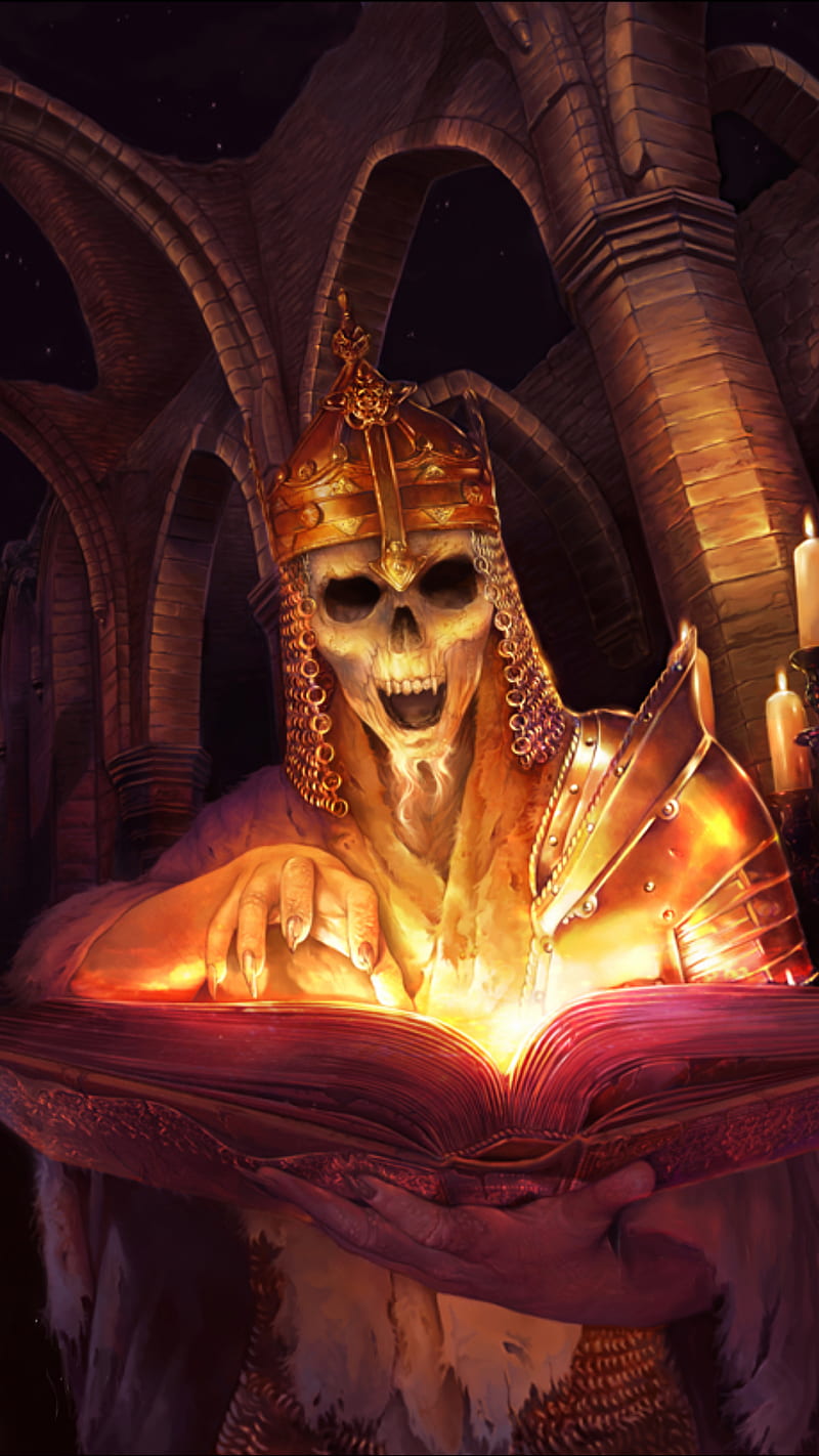 the king, book, candle, magic, skull, HD phone wallpaper