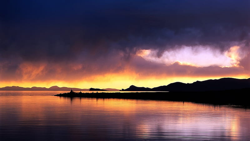 sunset behind rain clouds, silouhette, sunset, clouds, coast, sea, HD wallpaper