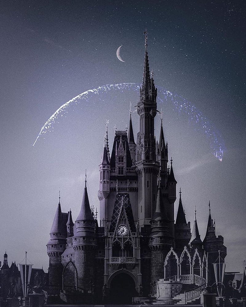 Walt Disney, black, castelo, dark, movie, theme, HD phone wallpaper