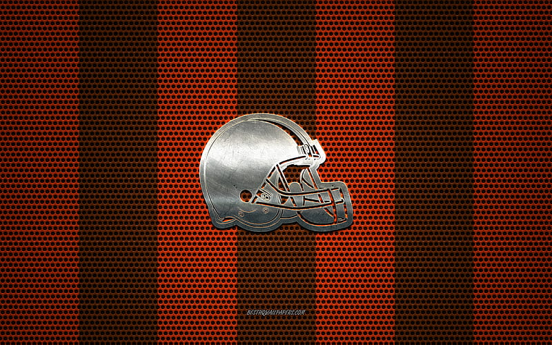 Cleveland Browns logo, American football club, metal emblem, brown-orange metal mesh background, Cleveland Browns, NFL, Cleveland, Ohio, USA, american football, HD wallpaper