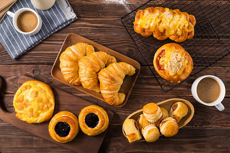 Food, Breakfast, Coffee, Croissant, Viennoiserie, HD wallpaper