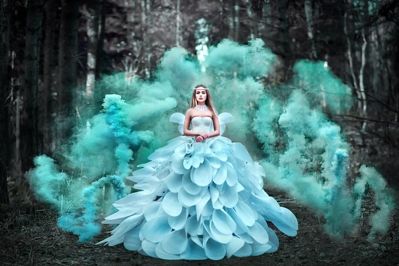 Beauty in Forest, forest, blue dress, smoke, girl, HD wallpaper