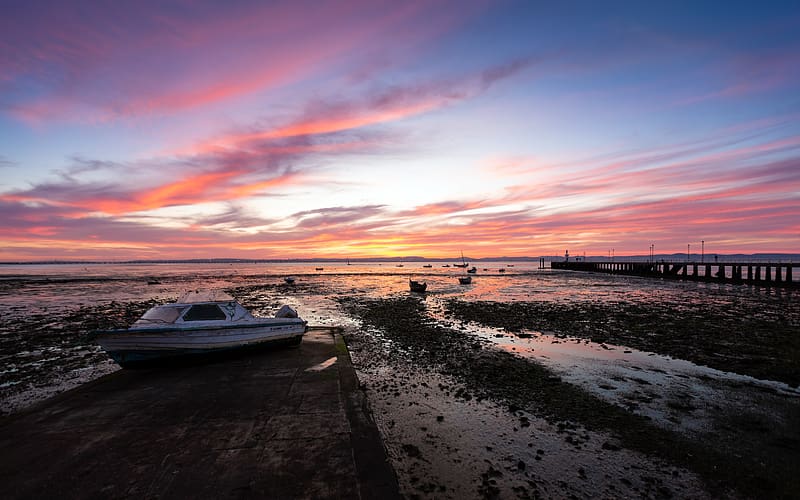 Coast Tidal Flats Pier Pontoon Boat Sunset, HD wallpaper