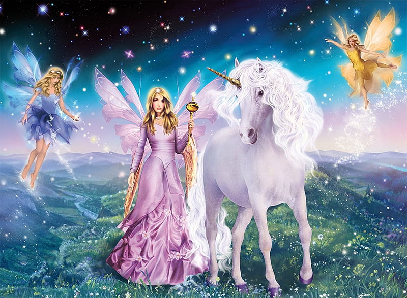 Fairies and unicorn, luminos, unicorn, fantasy, girl, green, white, pink, fairy, blue, HD wallpaper