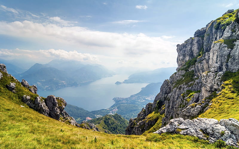 Panoramic View Lake Como, Italy, rocks, clouds, landscape, mountains, HD wallpaper