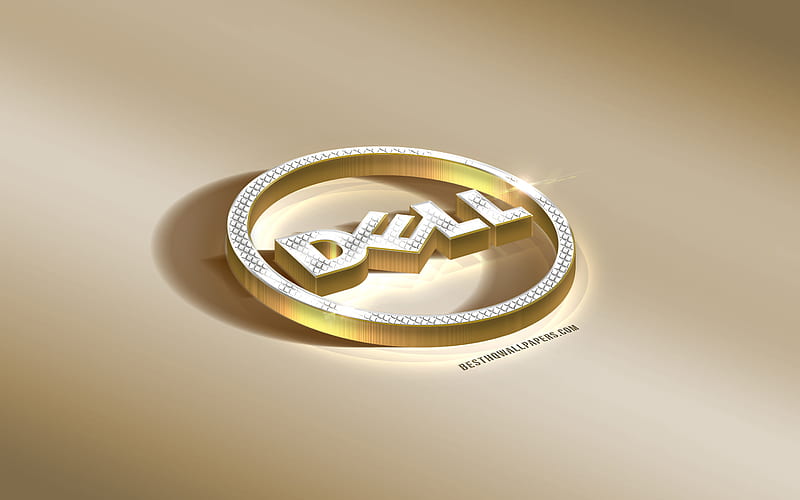 Dell 3d logo, gold background, Dell diamonds logo, Dell round logo, Dell, creative art, Dell emblem, HD wallpaper