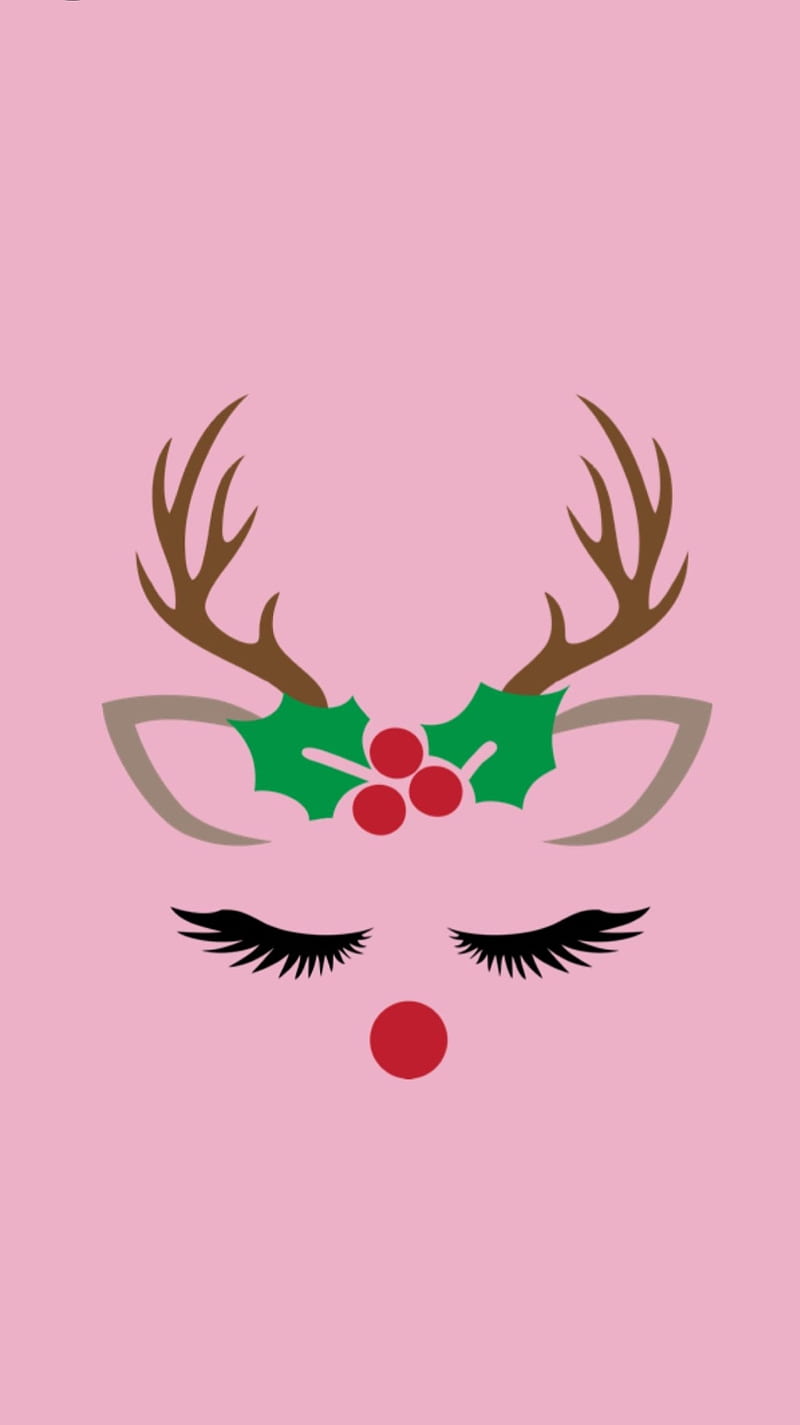 Girly Rudolph , pink, holiday, christmas, red nose, holly, cute, bonito, HD phone wallpaper