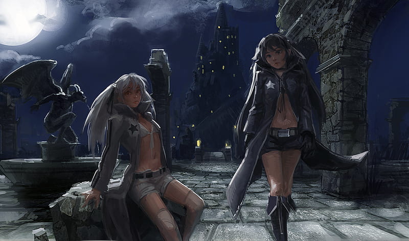 Twin Shooters, white rock shooter, white hair, thigh highs, clouds, moon, statue, anime, shorts, black rock shooter, brs, long hair, black hair, night, knee highs, gargoyle, trench coat, cute, cool, castle, HD wallpaper