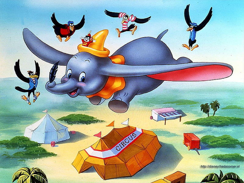 Dumbo, movie, orange, elephant, tent, cute, circus, bird, flying, disney, blue, HD wallpaper
