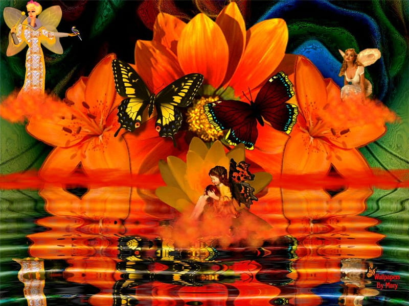 flower fairies & butterflies, fairies, flowers, collage, butterflies, HD wallpaper