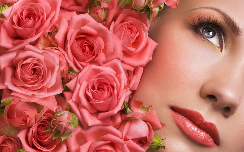 Rose Face, red, lovely, rose, eye, coral, lips, pearl, girl, green, face, lady, pink, HD wallpaper