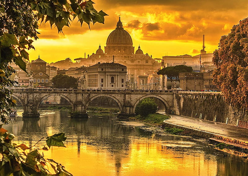 Golden light over Rome, buildings, tree, bridge, sunset, river, sky, church, HD wallpaper