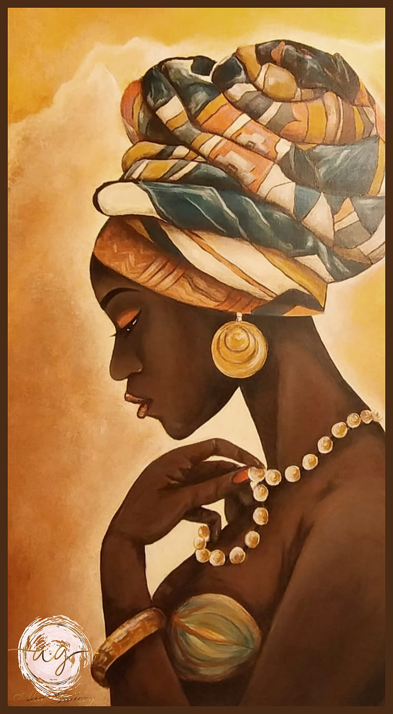 African beauty , art, brown, drawing, gold, paintings, HD phone wallpaper