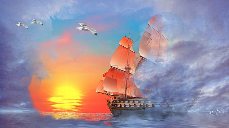 Sea Collage, ship, ocean, birds, sea gulls, collage, sunset, sky, sea, HD wallpaper