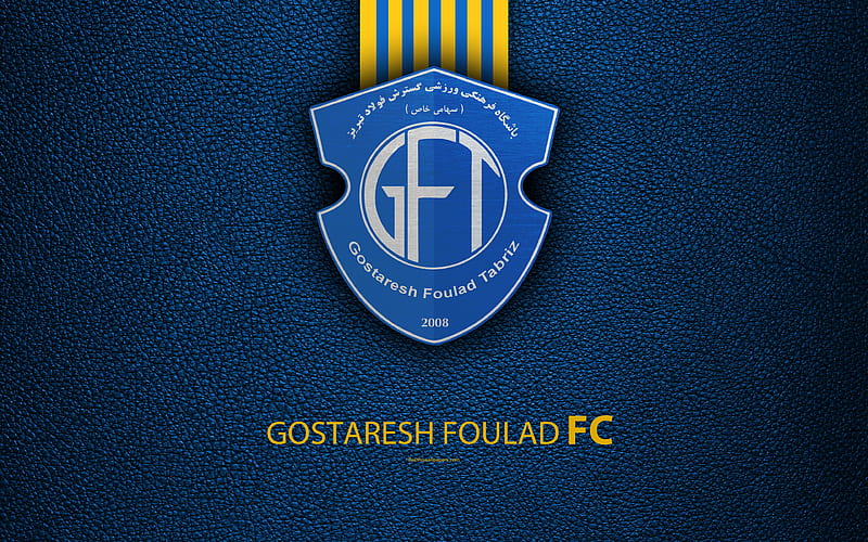 Gostaresh Foulad FC logo, leather texture, Iranian football club, emblem, yellow blue lines, Persian Gulf Pro League, Tabriz, Iran, football, HD wallpaper