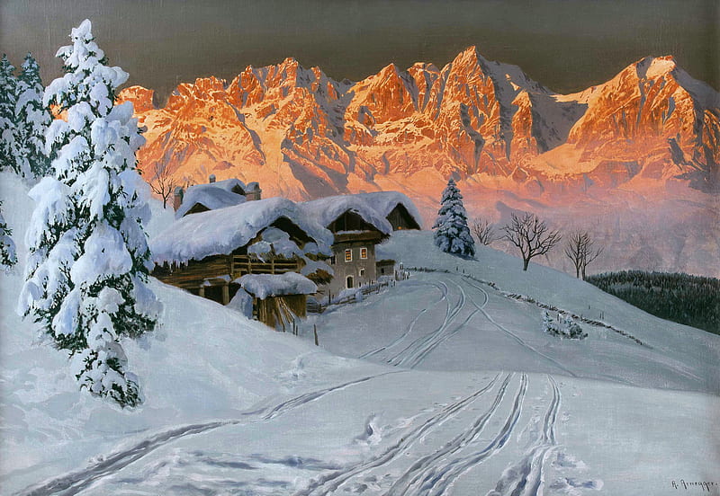 Evening Winter Mood in Front of the Kaisergebirge, Austria, snow, cabins, art, mountains, painting, peaks, HD wallpaper