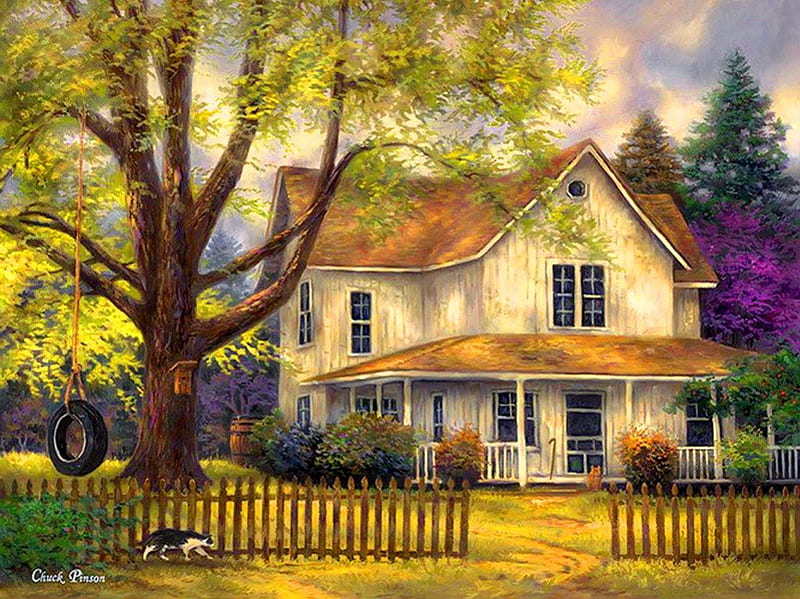 Countryside cottage, pretty, house, cottage, home, cabin, bonito, countryside, nice, painting, village, rural, art, rustic, lovely, trees, yard, peaceful, HD wallpaper