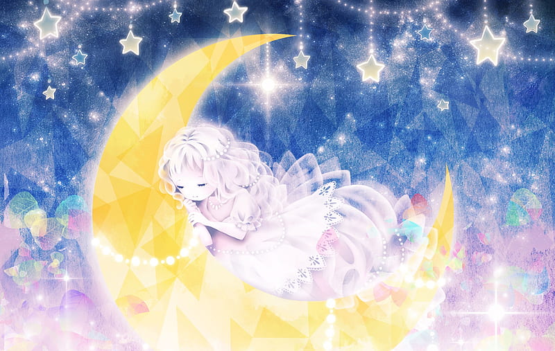 Good Night!, stars, moon, manga, yellow, sky, cute, moon, girl, anime,  pink, HD wallpaper | Peakpx