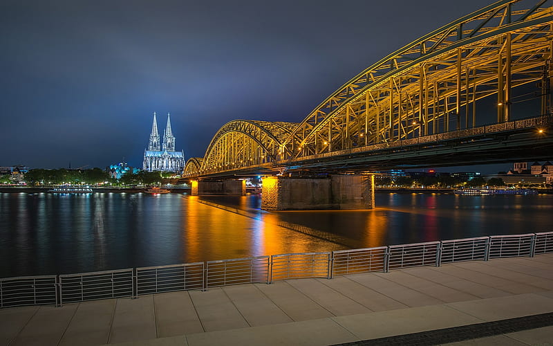 Hohenzollern Bridge, Cologne Cathedral, Cologne, night, city lights, Germany, cityscape, German cities, Schokoladenmuseum, HD wallpaper