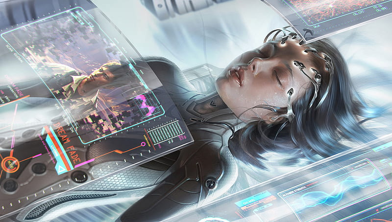 Download wallpaper 2048x1152 cyborg, hologram, cyberpunk, street