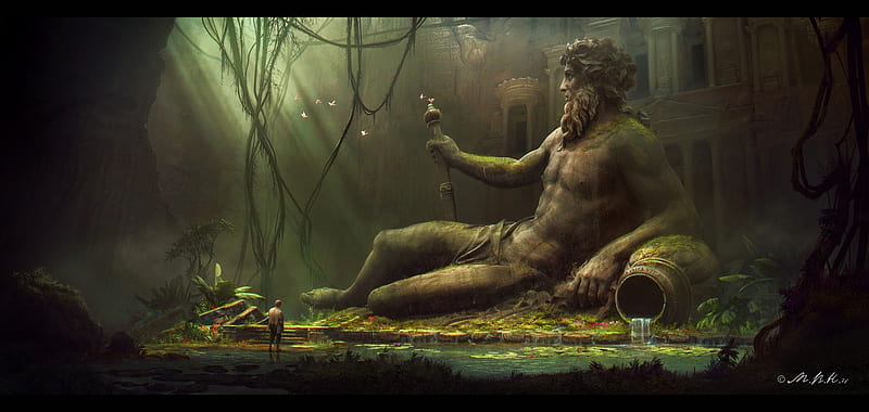 Aqua Vita Est, statue, god, fantasy, luminos, jungle, vladimir manyukhin, man, HD wallpaper