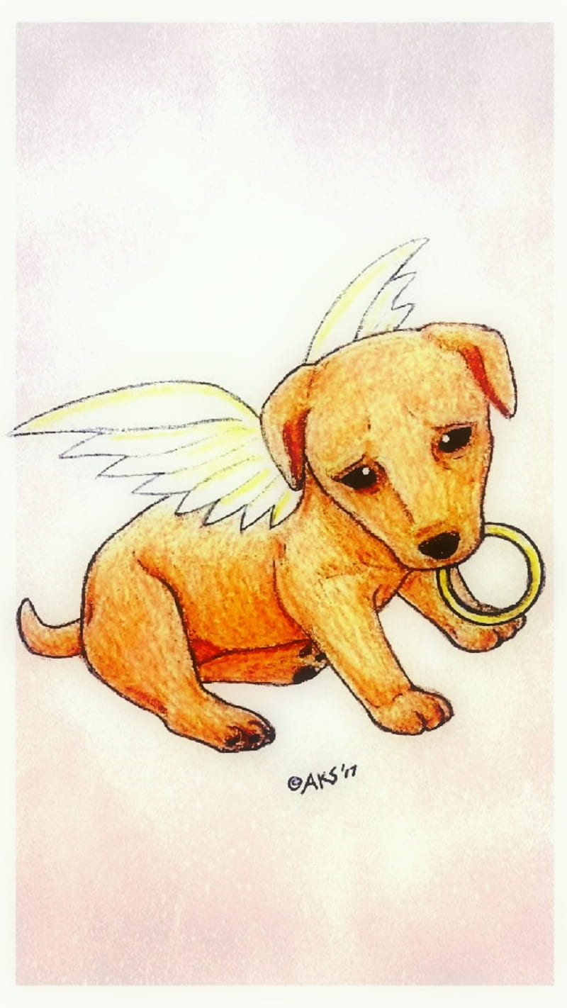 Puppy Dog Angel, angelic, art, baby, canine, cute, drawn, halo, heaven, illustration, love, play, pup, spiritual, sweet, wings, HD phone wallpaper