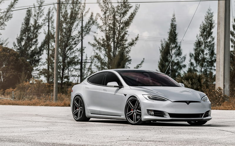 Tesla Model S, 2017, Vossen wheels, silver Model S, tuning, electric car, Tesla, HD wallpaper