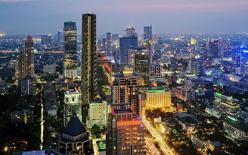 Bangkok, evening city, modern buildings, roads, Thailand, Asia, HD wallpaper