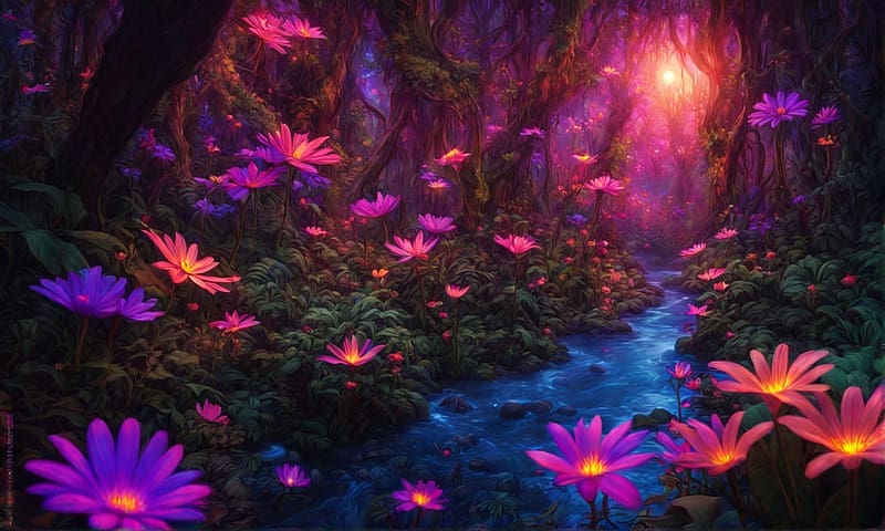 Jungle full of glowing uv flowers, erdo, szines viragok, elenk szinek, dzsungel, uv szinek, HD wallpaper
