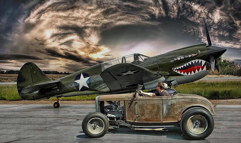Warhawk P40 & Hot Rod, USA, air force, hot rod, car, military, planes, sky, vintage, HD wallpaper