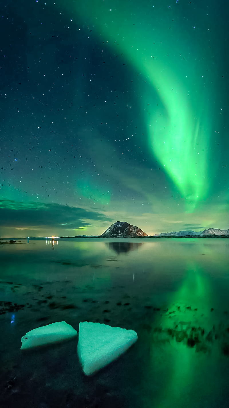 Green sky, aurora, borealis, cosmos, galaxy, infinity, mountain, night, HD phone wallpaper