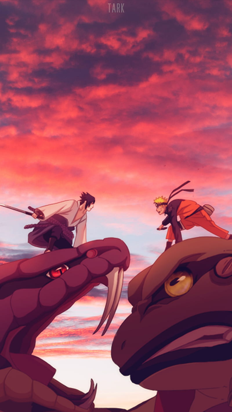 Naruto x Sasuke , anime, fight, konoha, landscape, naruto, sasuke, sky, sunset, uchiha, uzumaki, HD phone wallpaper