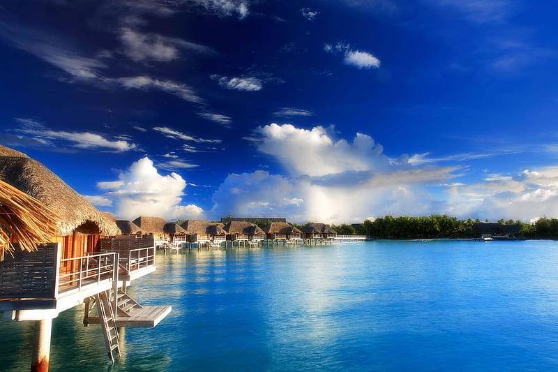 Four Seasons Resort Bora Bora Polynesia - water villas over blue lagoon ocean - tropical island, polynesia, resort, sun, french, retreat, bungalow, atoll, beach, bungalows, islands, lagon, holiday, ocean, pacific, south, water, society, paradise, four, villa, seasons, sea, bora bora, sand, hot, blue, hotel, exotic, spa, island, tropical, tahiti, villas, HD wallpaper