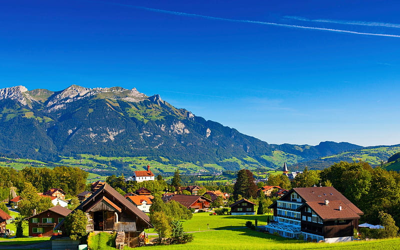 Village in Swiss Alps, house, mountains, sky, switzerland, landscape, HD wallpaper