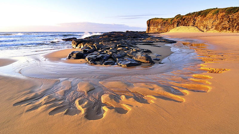 superb rocky beach in australia, beach, rocks, ebb tide, cliffs, sea, HD wallpaper