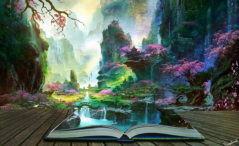 Fantasy island, mountain, art, fantasy, book, trees, HD wallpaper