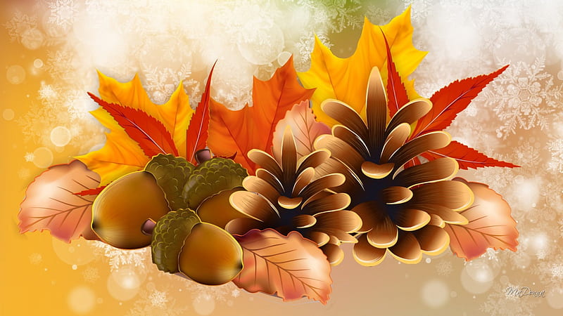 Autumn To Winter, fall, autumn, harvest, acorns, winter, pine cones, leaves, Thanksgiving, snowflakes, HD wallpaper